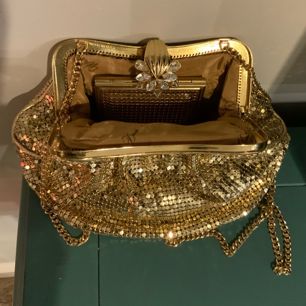 Whiting and Davis Gold Mesh evening bag with Mirror Compact Vintage Unique